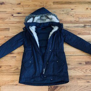 Banana Republic Womens Down Jacket Water Resistant Hood Shearling, Navy, Small